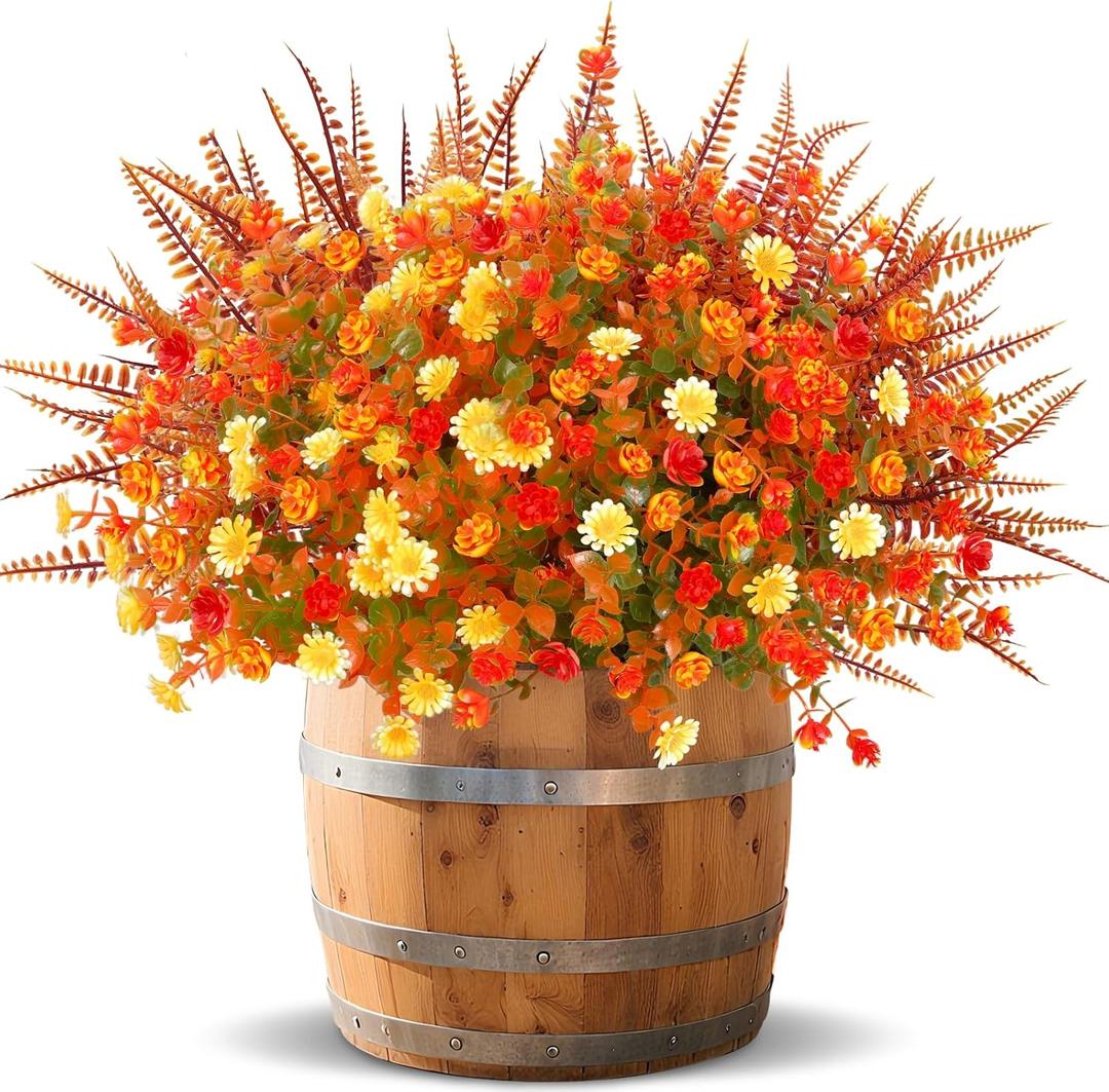 TURNMEON 12 Bundles Artificial Fall Flowers for Outdoors Fall Thanksgiving Decorations,UV Resistant Fake Mums Faux Fall Plants Plastic Orange Boston Fern Eucalyptus Home Gardens Porch Autumn Decor