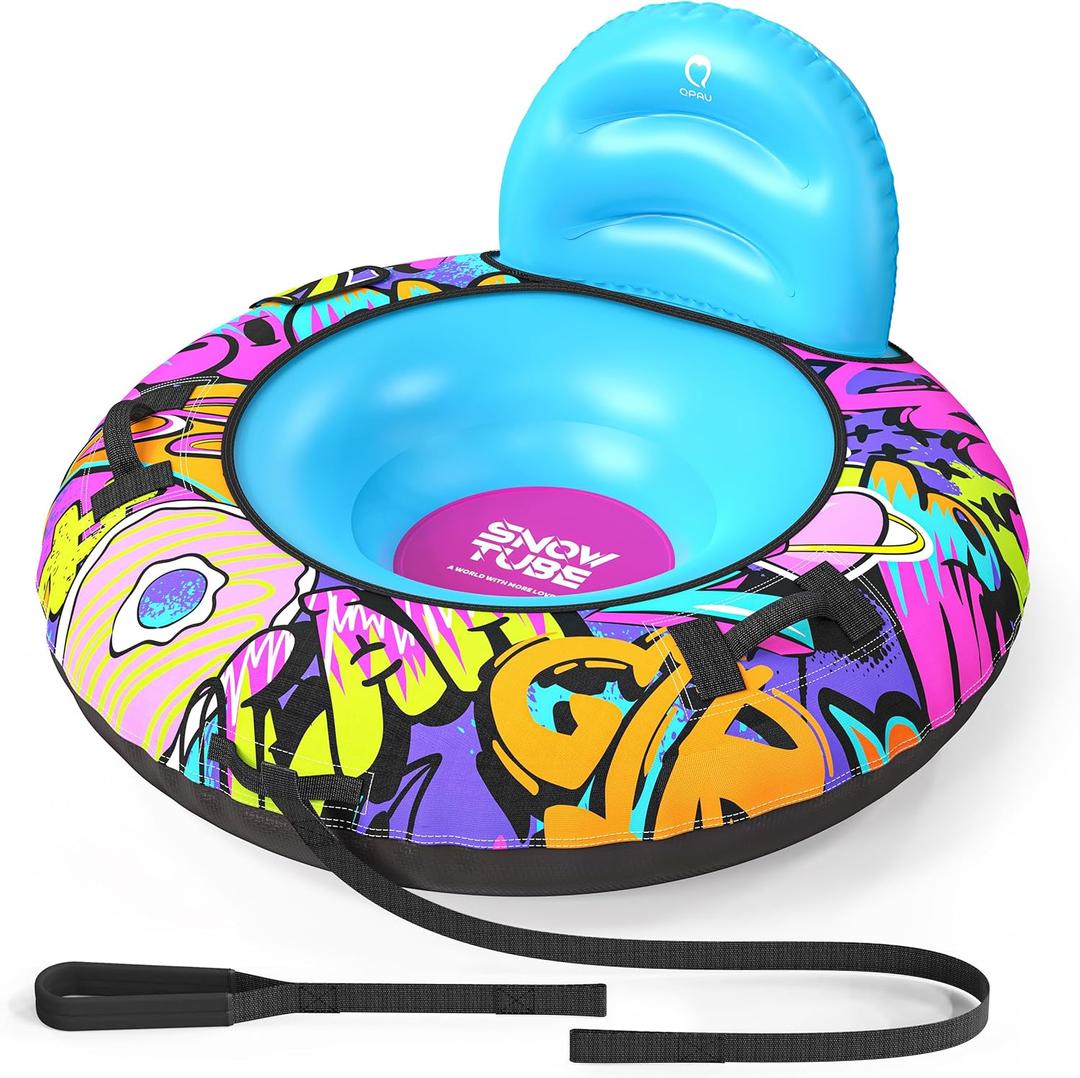 QPAU 44 Snow Tube with Backrest  Heavy Duty Inflatable Sled 500 lbs Capacity with Cover, Handles & Tow Rope, Snow Tubing Sleds for Kids & Teens, Portable Air Sled with Fast Valve (Blue)