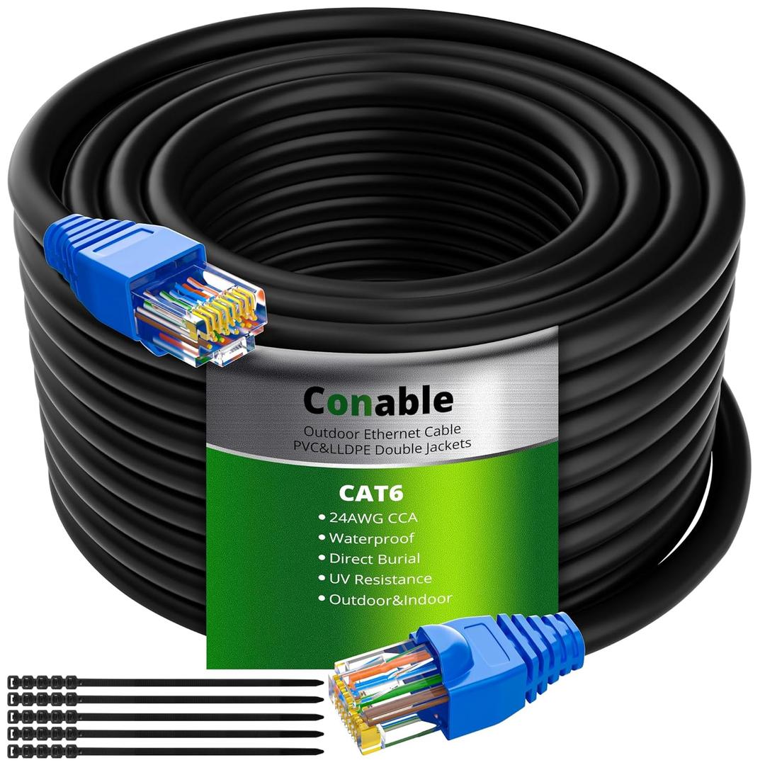 Cat6 Outdoor Ethernet Cable 200ft, Heavy Duty Double Jackets Internet Cord, Waterproof, Direct Burial, (from 25FT to 500 FT) Support PoE Cat6 Cat5e Cat5 Network, Cat 6 RJ45 Patch Cable with 25 Ties