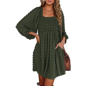 BTFBM Womens Long Sleeve Dress Vacation Square Neck Smocked Floral Swiss Dot Mini Boho Spring Wedding Guest Dresses 2026 (XX-Large, Army Green)