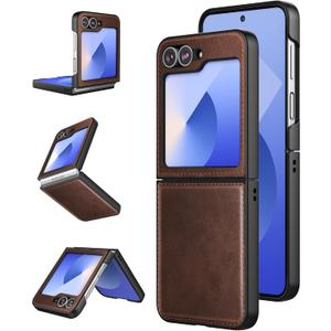 Foluu for Samsung Galaxy Z Flip 6 5G Case, Galaxy Z Flip 6 Leather Case, PU Leather + Hard PC Shell Ultra Thin Slim Durable Protective Phone Case Cover for Samsung Galaxy Z Flip6 5G 2024 (Brown)