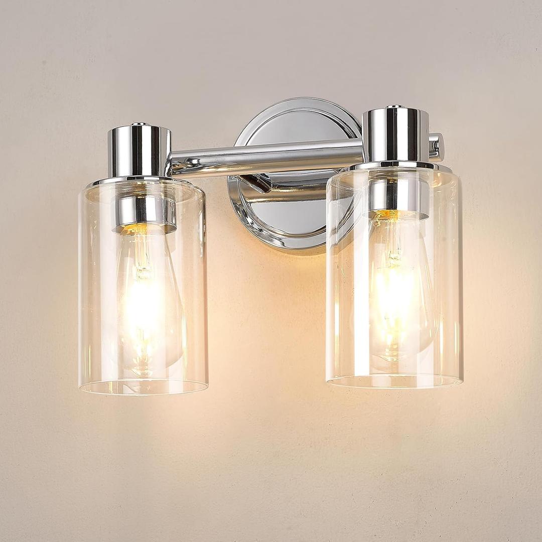 2 Light Bathroom Wall Sconce Light Fixtures with Clear Glass Bathroom Wall Lights Over Mirror Vanity Lights Chrome with E26 Base