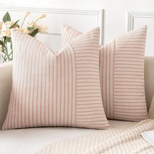 MIULEE Pink and Beige Patchwork Farmhouse Pillow Covers 18x18 Inch, Pack of 2 Striped Linen Valentine Spring Decorative Modern Accent Pillow Cases for Sofa Couch Bedroom