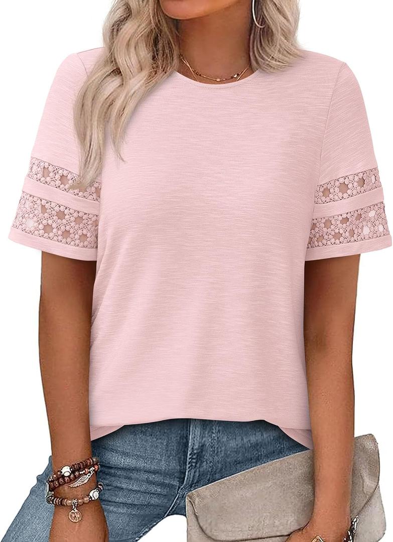 PRETTYGARDEN Summer Tops for Women 2026 Lace Short Sleeve T-Shirts Casual Blouses Spring Fashion Clothes Vacation Outfits XL