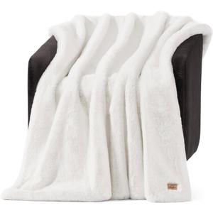 UGG Euphoria Faux Fur Throw Blanket, Warm Fluffy for Couch or Bed, Luxury Bedroom Decor, Blankets, Machine Washable, 50-inch x 70-inch, White Snow