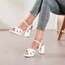 Women's Platform Heels Chunky Heeled Sandals, Ankle Strappy Round Open Toe Dressy Shoes Wedding Party High Pump Heels for Women. (9.5, White 086)