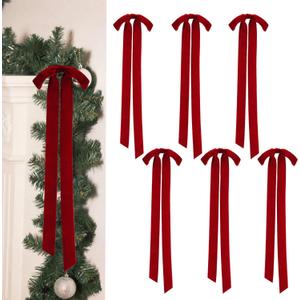 Biggun 9x24in Large Velvet Bows for Christmas Tree Decorations - 6 Pcs Velvet Ornaments with Tie for Christmas Wreath Garland Fireplace Decor, Burgundy