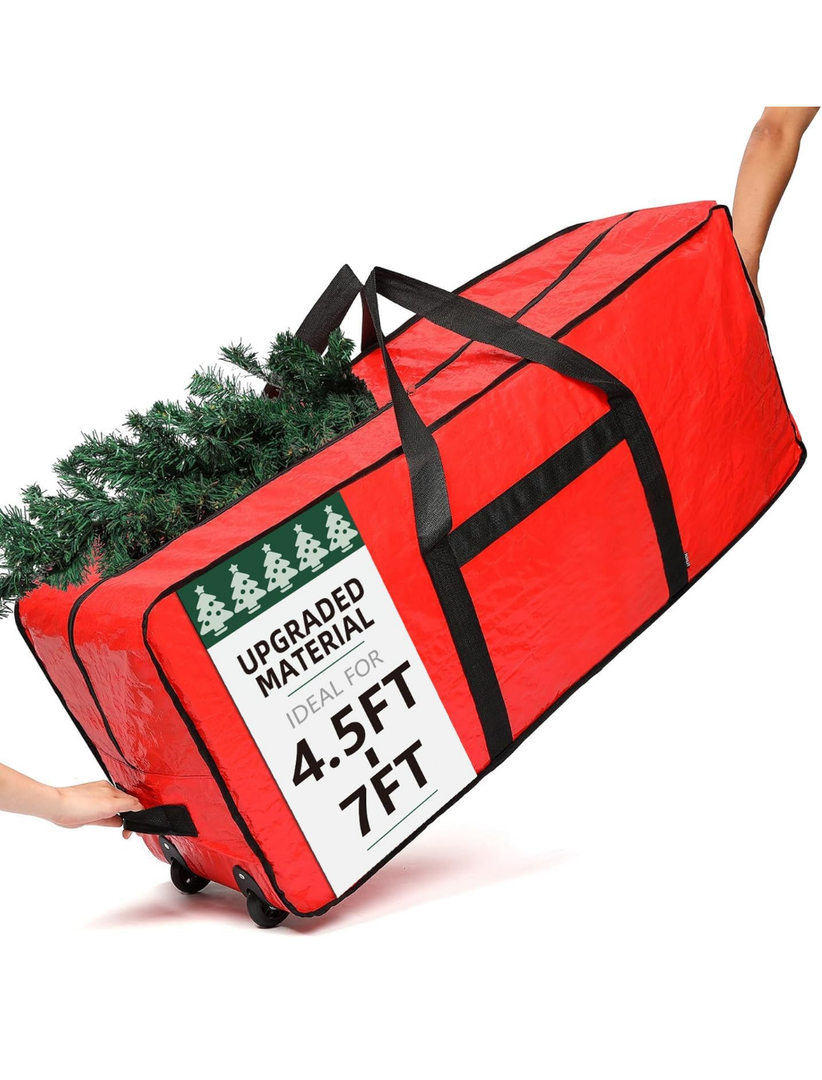 HOMEST Christmas Tree Storage Bag, Fits for 7.5-9 ft Xmas Artificials, Zippered Bag with Reinforced Carrying Handles and Wheels, Red (Bag Only)