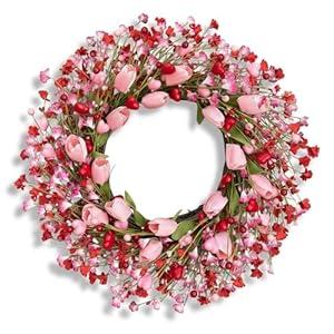24 inch Valentines Day Wreath, Valentines Wreaths for Front Door Decor, Pink Tulip Wreath with Heart Berry for Front Door Wedding Anniversary Dinner Decoration