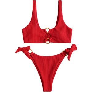 ZAFUL Women's Ribbed O-Ring String Bikini Swimsuit Cheeky Thong Swimwear Two Pieces Bathing Suit (34_red), Small