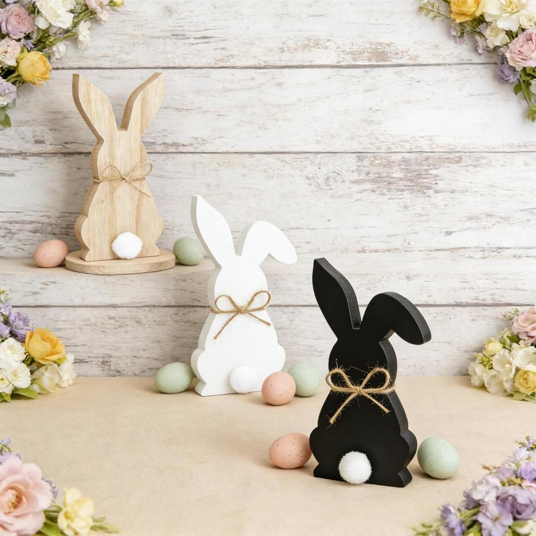 3PCS Easter Bunny Table Centerpiece Signs Rustic for Home Tiered Tray Farmhouse Decor Suitable for Various Tabletops Bookshelves Parties and Easter Furniture Decorations Easter Decorations