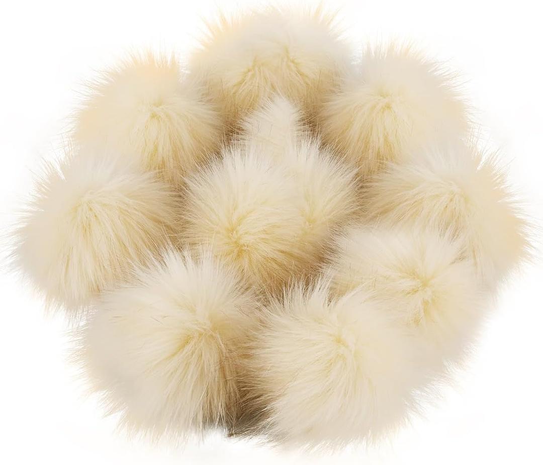 12 Pieces Faux Fur Pom Pom Balls Fur Fluffy Pompom Ball with Elastic Loop for Hats Shoes Scarves Gloves Scarves Bag Key Chain Charms Accessories (Cream)