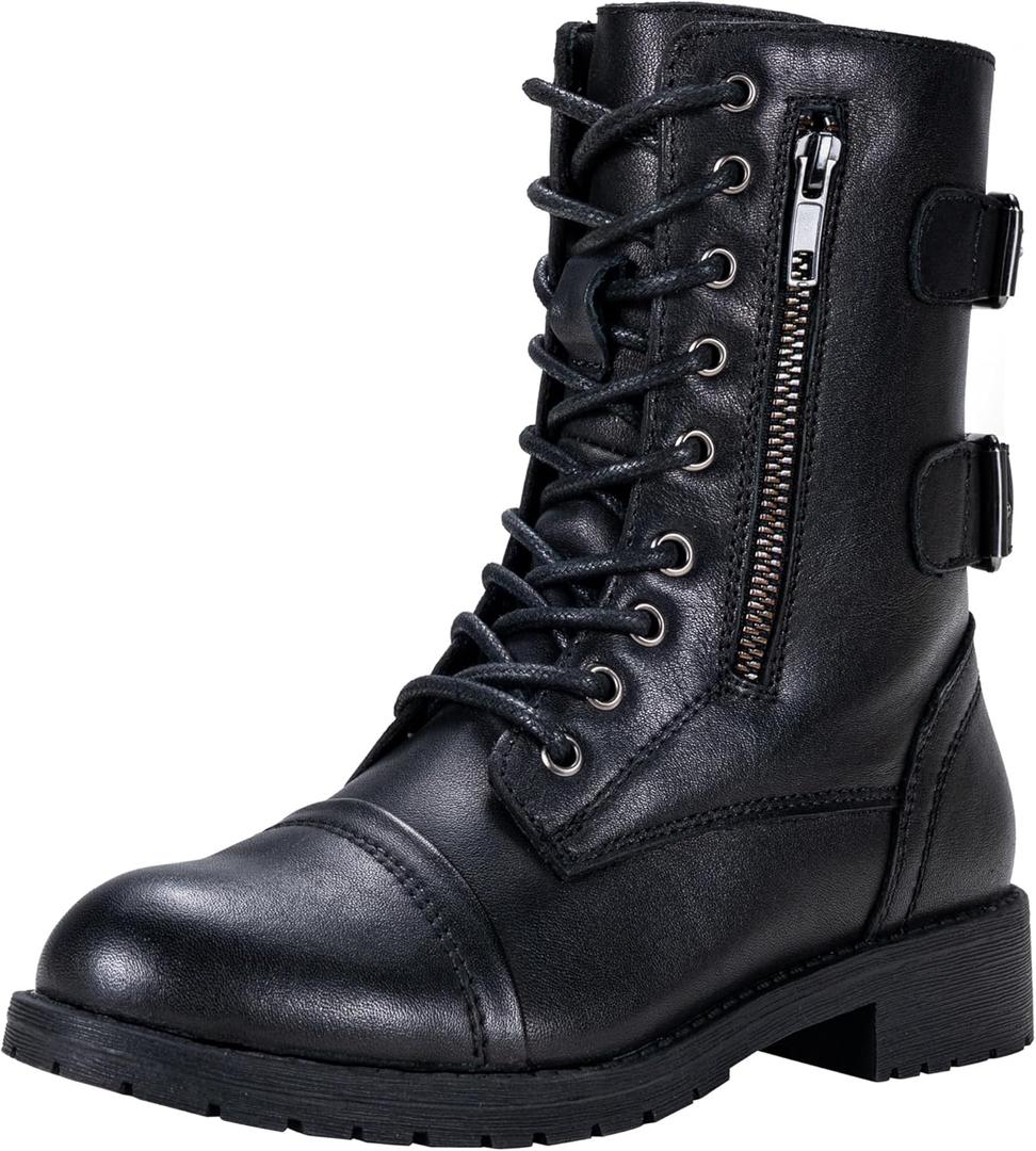 Vepose Women's Combat Boots Low Heel, Mid Calf Military Boots with Card Knife Wallet Pocket (7, Leather-Black) Vepose Women's Combat Boots Low Heel, Mid Calf Military Boots with Card Knife Wallet Pocket (7, Leather-Black)