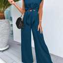 PRETTYGARDEN Women's Summer 2 Piece Outfits 2026 Cap Sleeve V Neck Belted Crop Tops Wide Leg Pant Sets Casual Tracksuit (Blue, L)