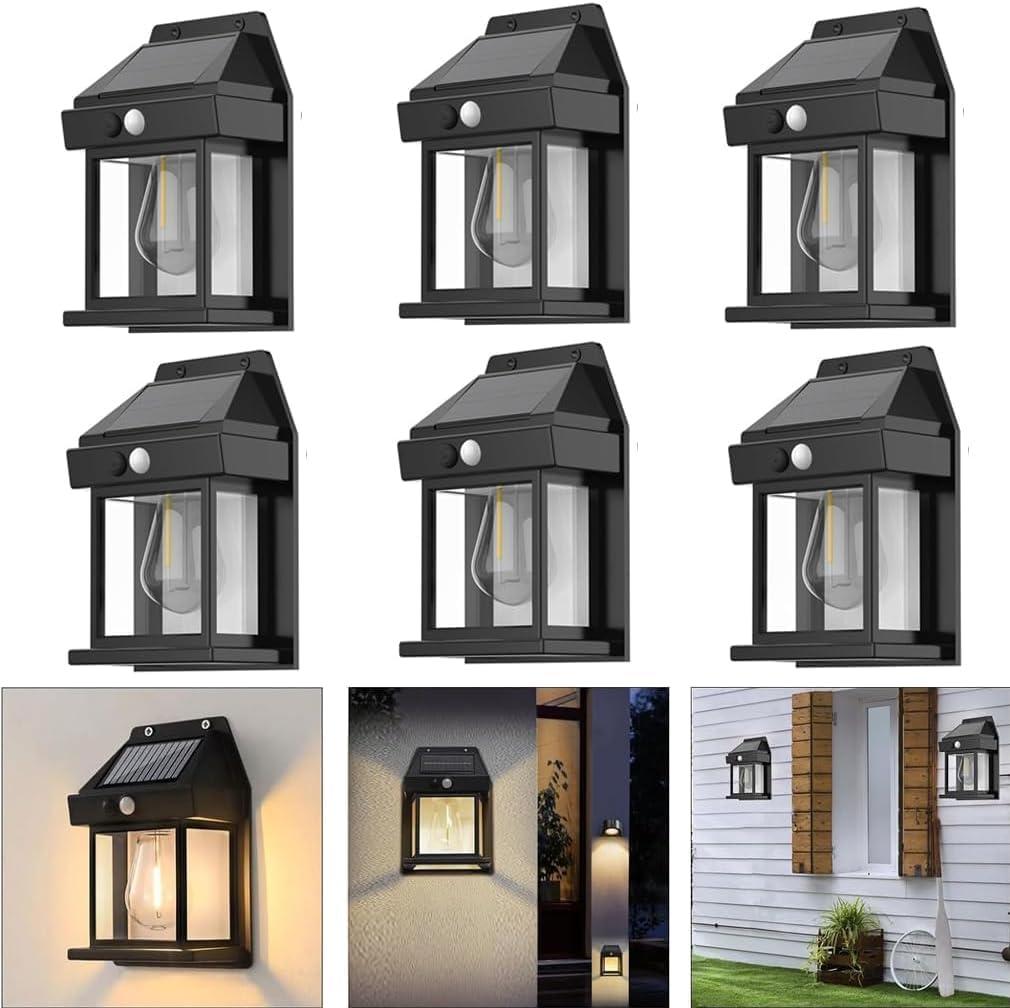 6pcs Solar Fence Lights, Motion Sensor Outdoor Light, 3 Lighting Modes Dusk to Dawn Porch Lamp IP65 Waterproof, Outdoor Solar Wall 600LM, 1200mah Suitable for Patios, Porches, Garage (Black)