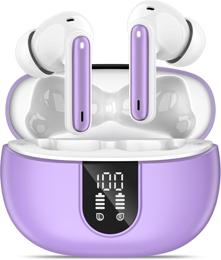 Wireless Earbuds, Bluetooth 5.3 Headphones 40Hrs Playtime Deep Bass Stereo, LED Power Display, Call Noise Canceling Headphones with Mic, IP7 Waterproof Earphones for iOS Android, Purple
