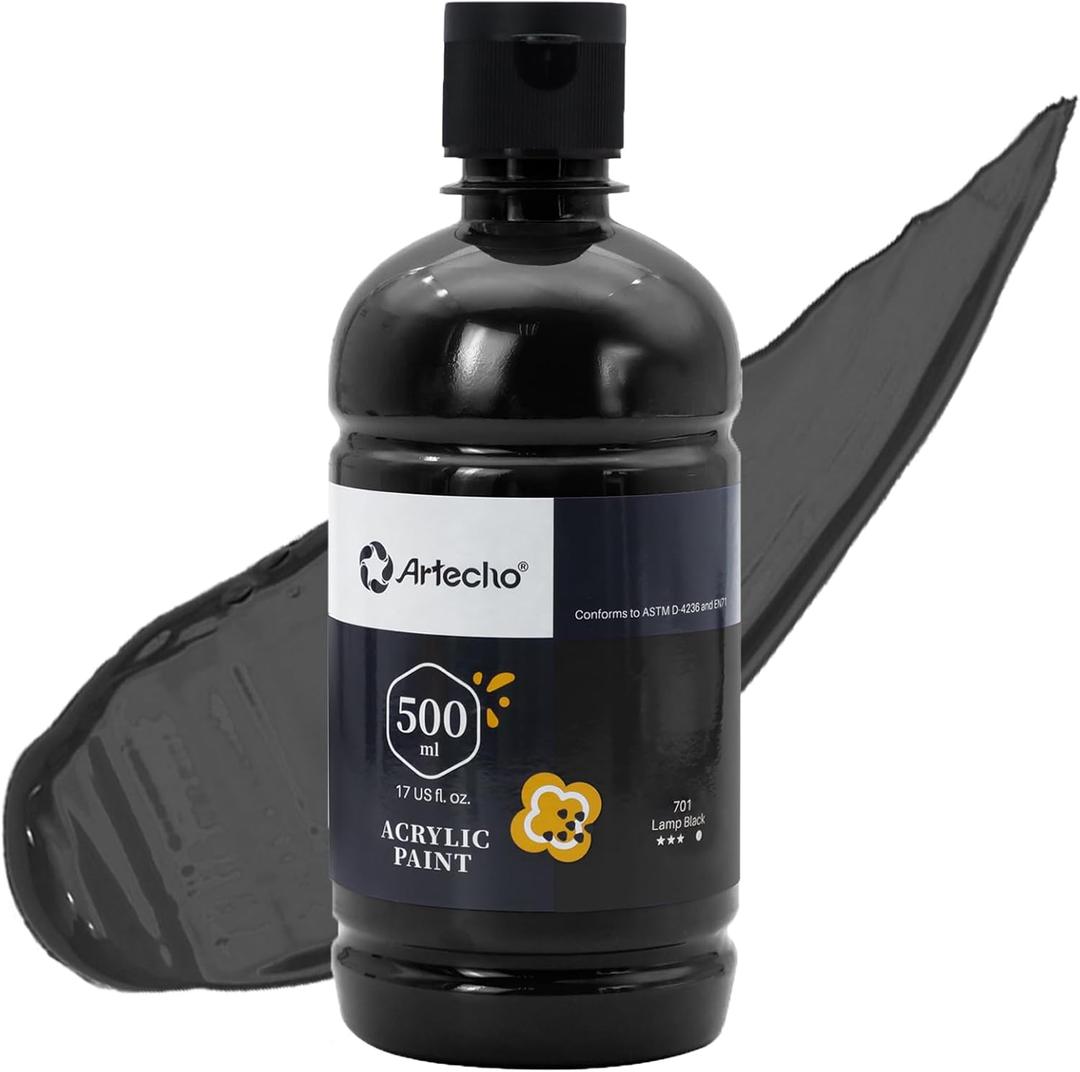 Artecho Black Acrylic Paint - Large 500ml Bottle, Non-Toxic, Ideal for Canvas, Rocks, Wood, Fabric, Ceramic