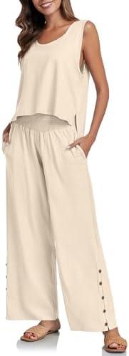 PrinStory Summer 2 Piece Outfits for Women Cotton Pajama Sets Wide Leg Pants Lounge Sets Tracksuits Loungewear, M, Beige