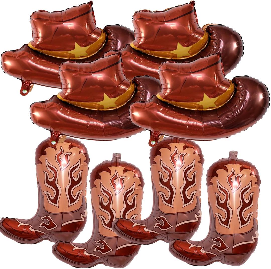 Western-Balloons Cowboy-Balloon 8PCS Large Cowboy Cowgirl Hat Boot Foil Balloons Western Birthday Party Rodeo Bachelorette Decorations Supply