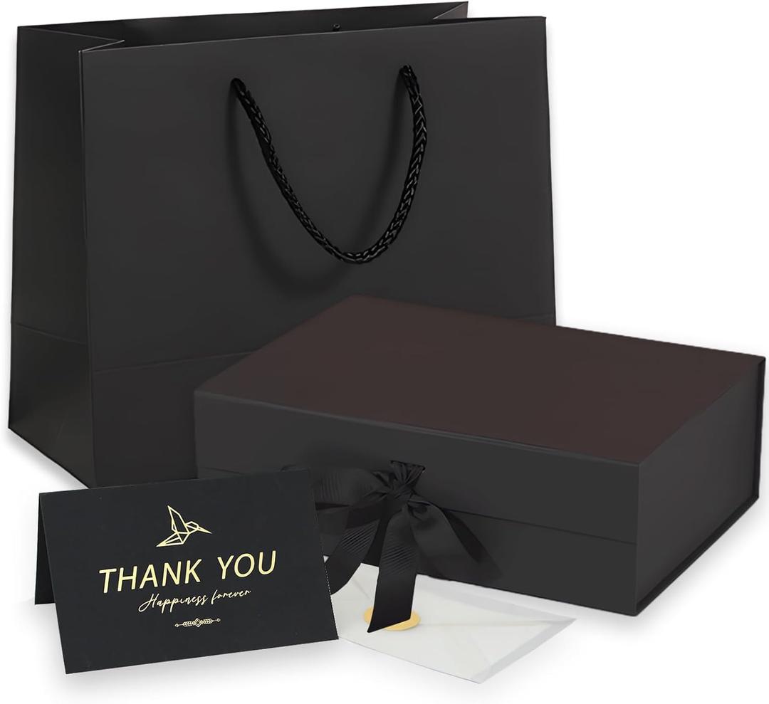 Medium Black Gift Box with Lid, Ribbon, Gift Bag and Greeting Card, 9.4x7x3 Inches, Magnetic Closure, Great for Birthdays, Weddings, Valentine's Day, Christmas Day