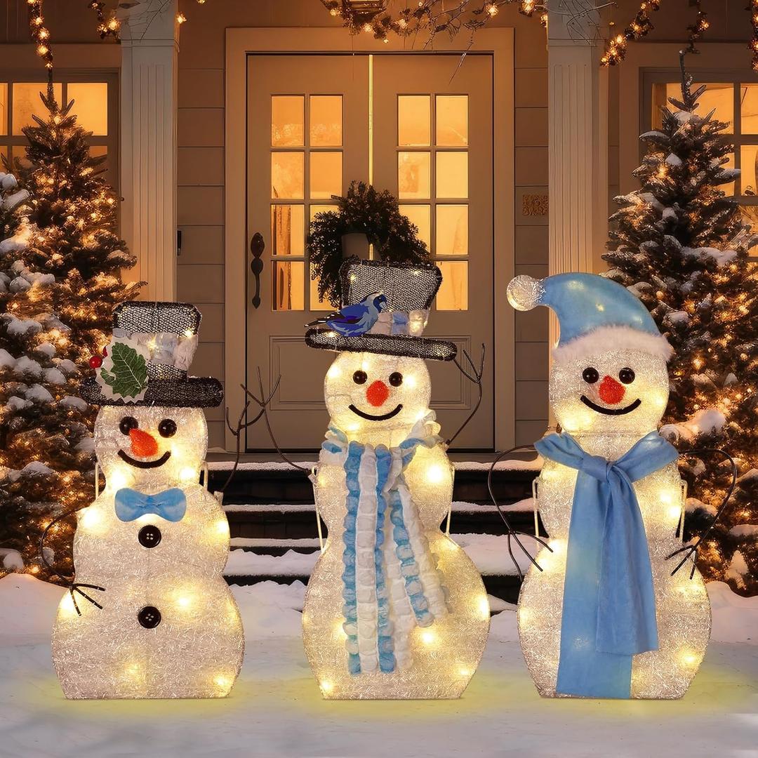 Thyle 3 Pcs Pre Lit Christmas Snowman Yard Decoration Light up Snowman Family Decorations Winter Snowman Waterproof for Indoor or Outdoor Garden Yard Lawn Xmas Holiday Party Decor, 24Inch