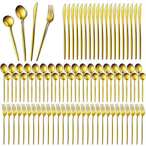 Yaomiao 400 Pcs Gold Silverware Set with Knives Spoons and Forks Portable Stainless Steel Flatware Reusable Utensils Dishwasher Safe Cutlery for Kitchen Restaurant Service