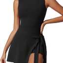 Dokuritu Tennis Dresses for Women Sleeveless Crew Neck Knot Romper Built in Shorts U-Shaped Back Workout Athletic Dress (Large, Black)