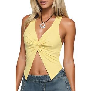 Yellow Halter Top Women Backless Tank Top Sleeveless Asymmetrical Twist Front Tops Y2k Trendy XS