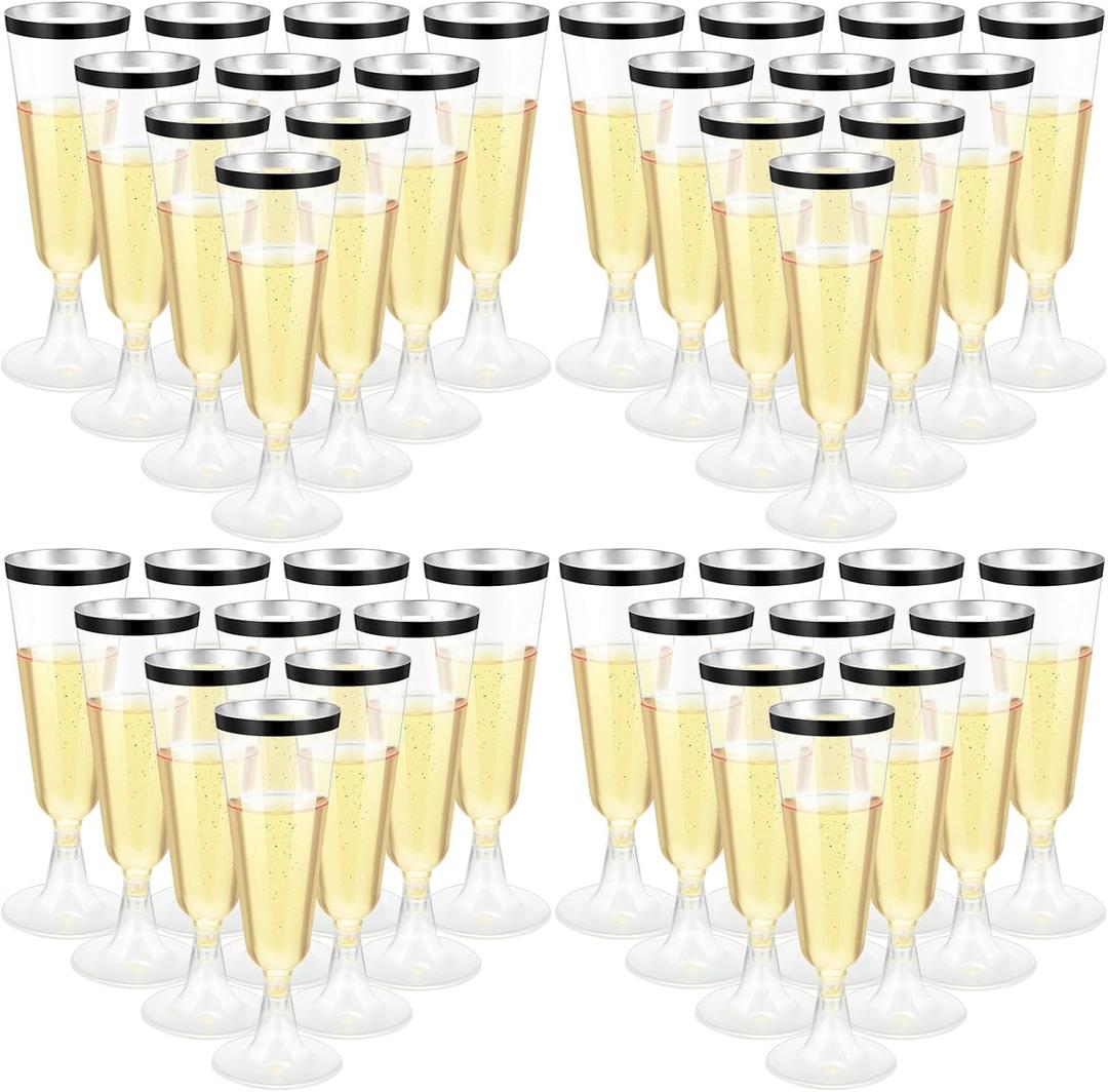 CHENGU 150 Pcs Champagne Flutes 5 Oz Plastic Disposable Champagne Flutes Crystal Wine Glasses Reusable Plastic Cocktail Cups for Wedding Celebration Birthday Party Toasting Drinking (Black Rim)