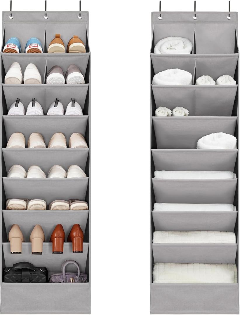2 Pack Minimalist Grey Over the Door Shoe Organizer with 10 Pockets, Hanging Closet Storage Rack for Shoes, Sneakers, Accessories (6+4 Pockets)