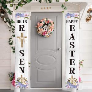 Jiudungs Easter Decorations Outdoor Happy Easter&He is Risen Porch Sign Banner Religious Easter Resurrection Scene Deocrations and Supplies for Home Classroom Office