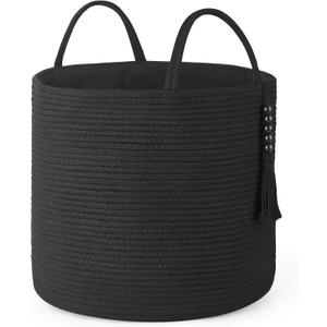 Mkono Woven Storage Basket Decorative Natural Rope Basket Wooden Bead Decoration for Blankets,Toys,Clothes,Shoes,Plant Organizer Bin with Handles Living Room Home Decor, 16" W13.8" L, Black