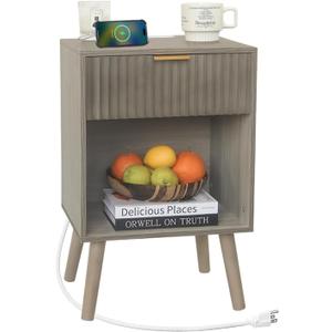 Fultyle Grey Wood Nightstand with Charging Station, Modern Bedside Table with Fluted Drawers and Storage Shelf, End Side Tables Living Room for Bedroom, Office (Grey)