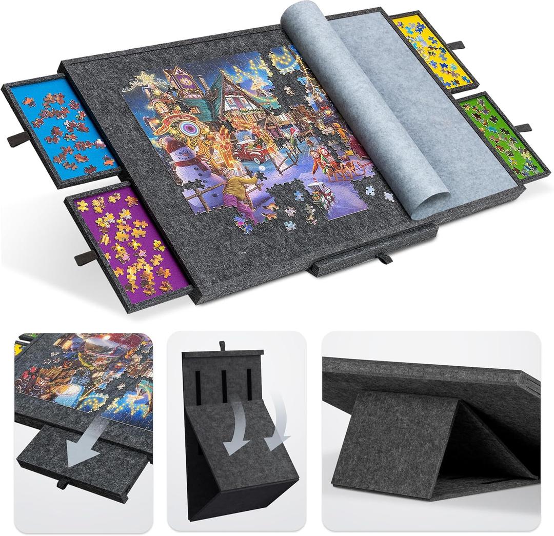 Tektalk Jigsaw Puzzle Table with Integrated Adjustable Stand/Bracket, 3-Tilting-Angle Super Lightweight Felt Puzzle Plateau Board with Cover & 4 Sorting Drawers (Gray, for Up to 1500 Pieces)