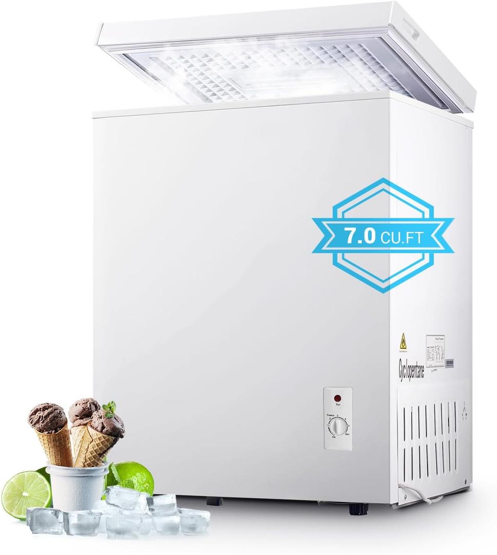 7.0 Cu.ft Compact Deep Freezer, Energy Saving Chest Freezer, White, 7 Level Adjustable Thermostat, Small Freestanding Freezer with Removable Basket for Home Apartment Office, 
Product Dimensions	21.25"D x 25.6"W x 32.28"H