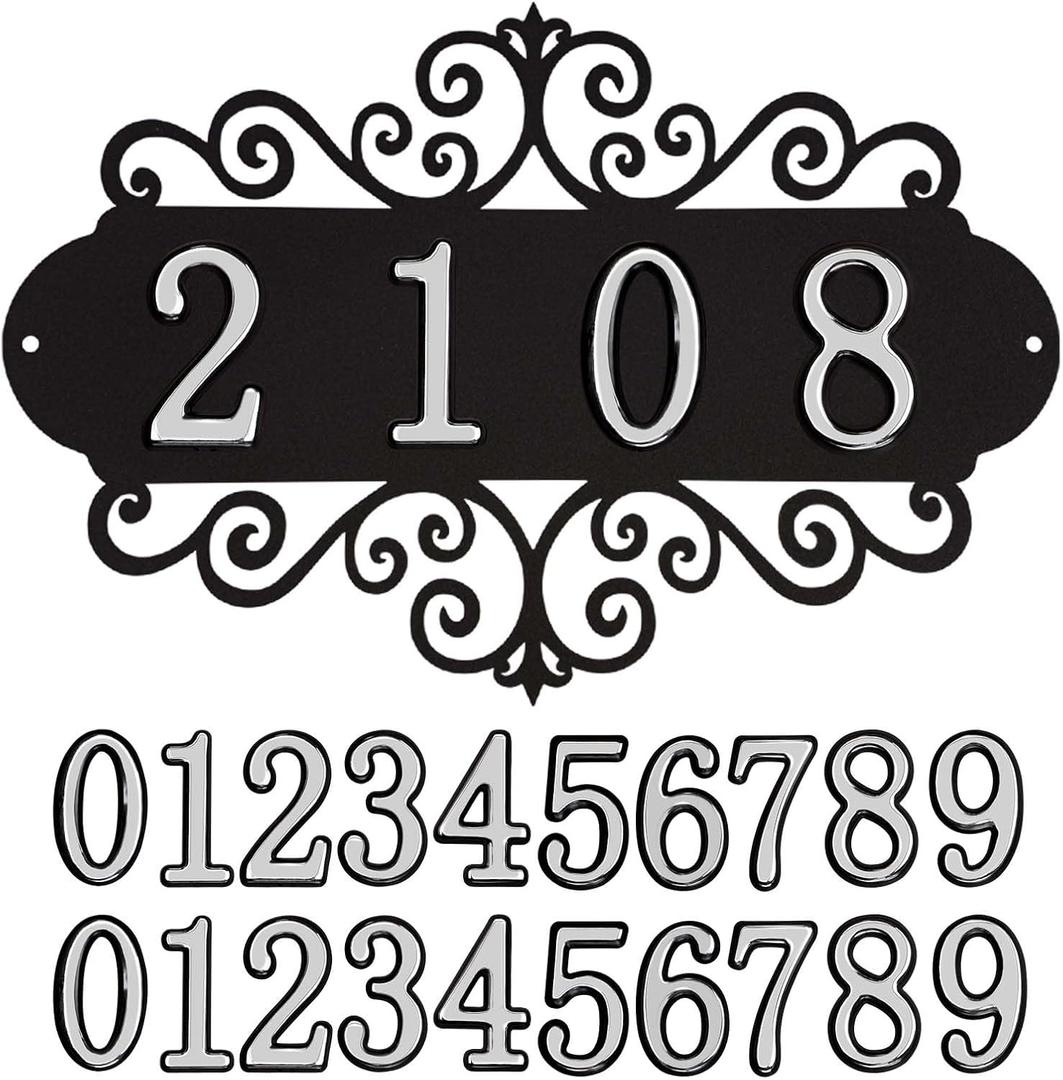 DIY House Numbers Metal Sign, Outdoor Address Plaque Weatherproof for Mailbox, Garden Yard,House Front Door Decorative Wall Plaque, 11.8 Inch Iron Wall Decor (Black-Silver)