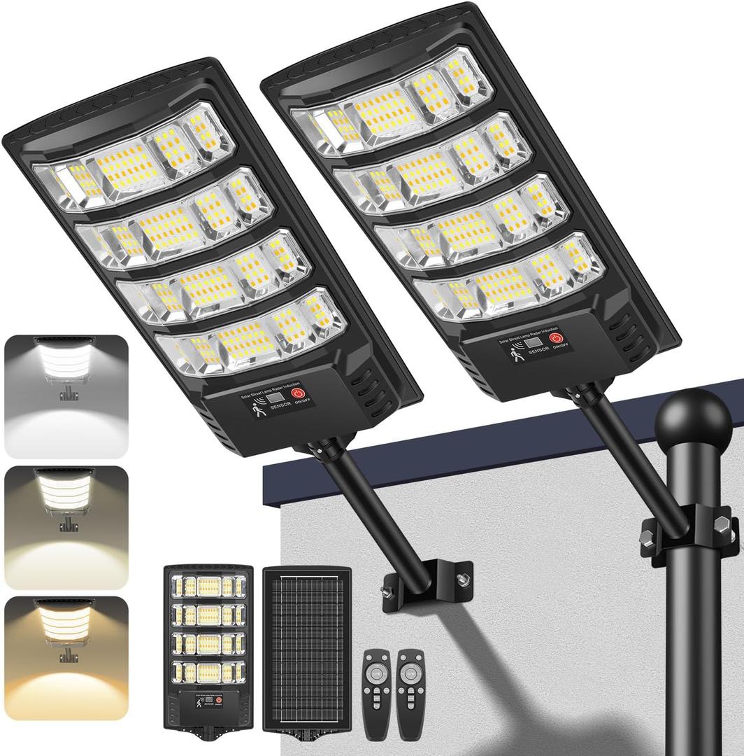 Solar Lights Outdoor, Solar Powered Motion Sensor Solar Street Light, 6500K/4500K/3000K IP66 Waterproof Security Flood Lights with Remote Control for Garden, Yard, Garage, Parking Lot (2 Pack)
