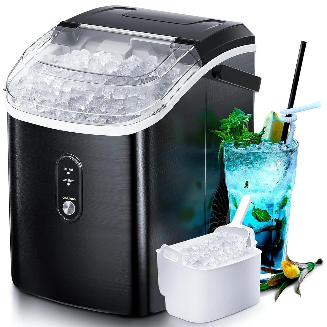 Nugget Countertop Ice Maker with Soft Chewable Pellet Ice, Pebble Portable Ice Machine, 34lbs Per Day, Self-Cleaning, Sonic Ice, One-Click Operation, for Kitchen,Office Stainless Steel Black (34Lbs/24H)