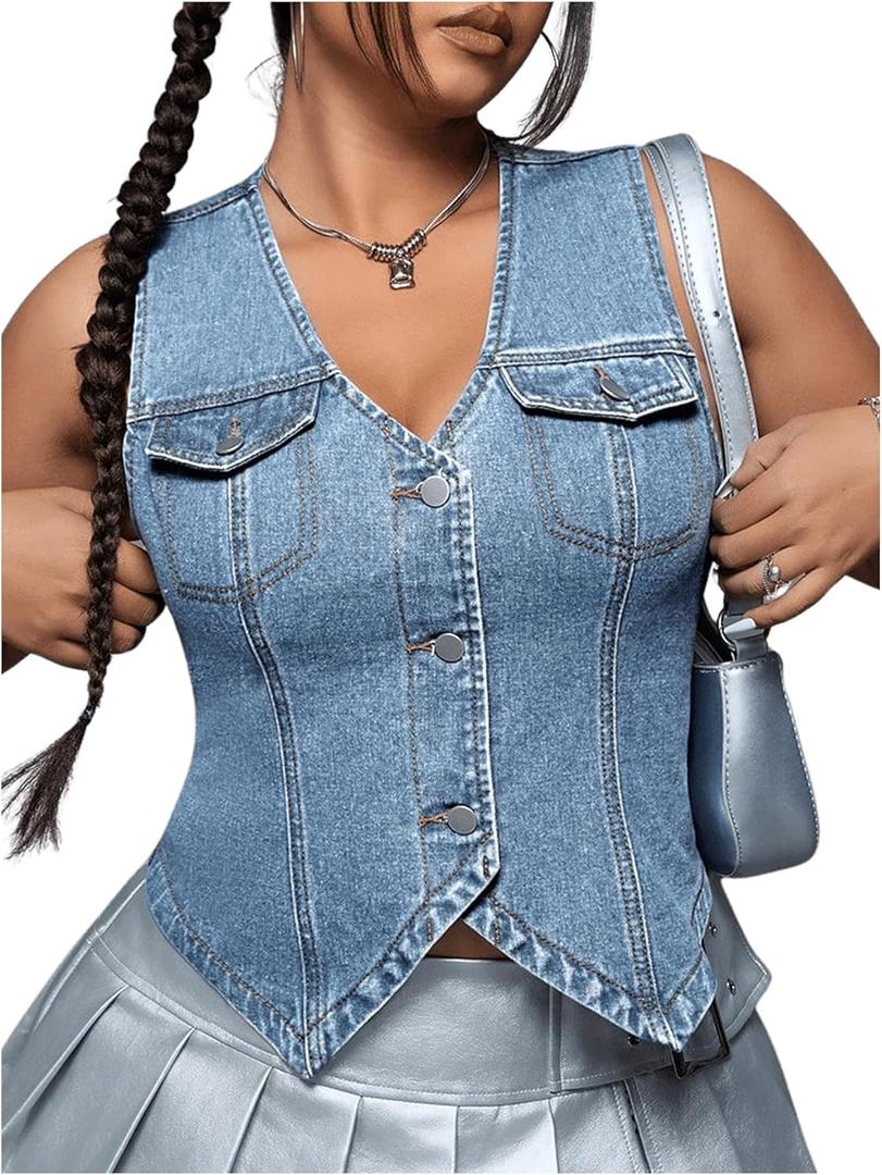 Floerns Women's Plus Size Sleeveless Button Down Jean Vest V Neck Denim Jacket (4X-Large Plus, Light Blue)