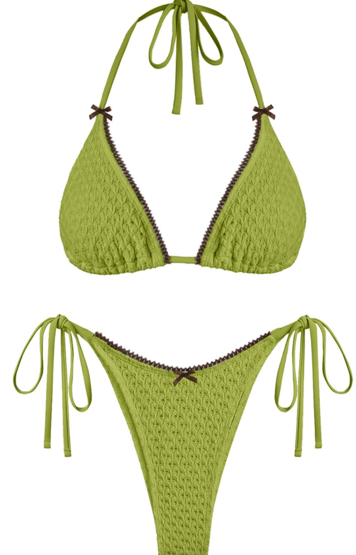ZAFUL Bikini Sets for Women Halter Two Piece Swimsuit Eyelet Triangle Tie Side Thong Bathing Suit Bowknot Lace Trim Swimwear M