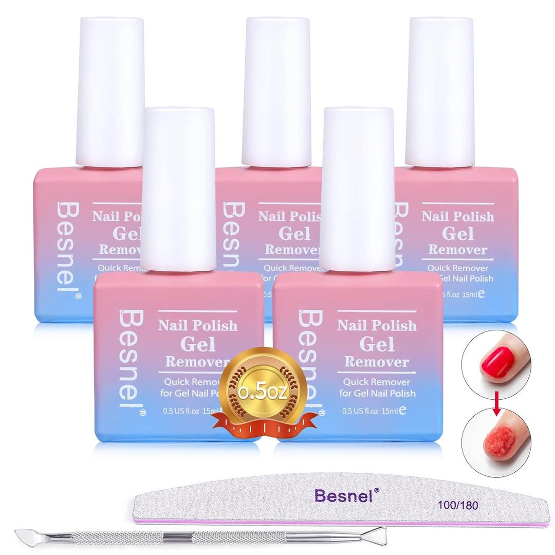 Gel Nail Polish Remover 5 Pack Professional Gel Polish Remover Non-Irritating Quick Easy,Nail Polish Gel Remover Tools Kit Nail File Cuticle Pusher Nail File Grit, No Need For Foil Soaking Or Wrapping (7 Piece Set)