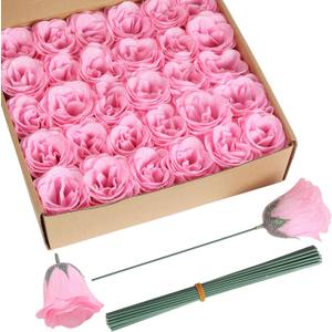 Fake Roses,30pcs Light Pink Roses Glitter Flowers Artificial Roses with Stems for Crafts Wedding Bouquet Party Home Decor(Light Pink)