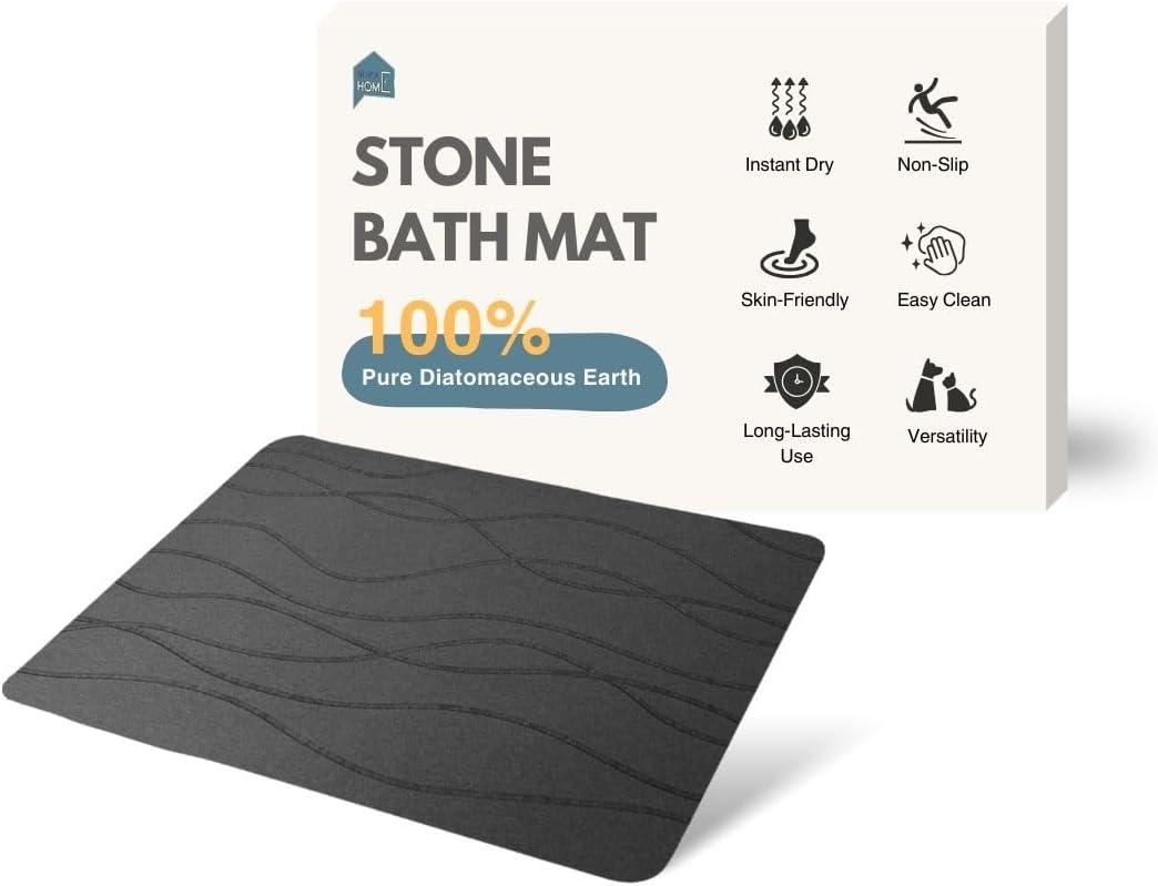 Stone Bath Mat, Non-Slip Diatomaceous Earth Shower Mat, Fast Drying Diatomite Stone Bath Mat, Highly Absorbent, Odorless, Easy to Clean (Stripe Dark Grey)