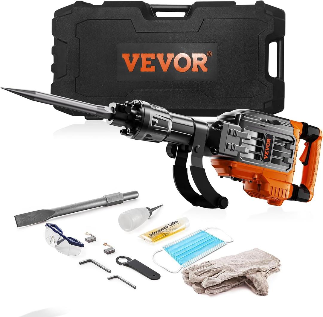 VEVOR 3500W Electric Demolition Hammer, 1900 BPM Durable Jack Hammer, Concrete Breaker with 2 Chisels, Gloves, and a 360 Rotatable Handle for Efficient Trenching, Black