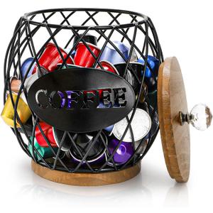 Coffee Pod Holder with Lid, Large Capacity K Cup Storage Basket, Black Wire Coffee Pod Basket Decor for Countertop, Round Coffees Holder for Keurig Kcups, Espresso Capsules, Christmas Gift