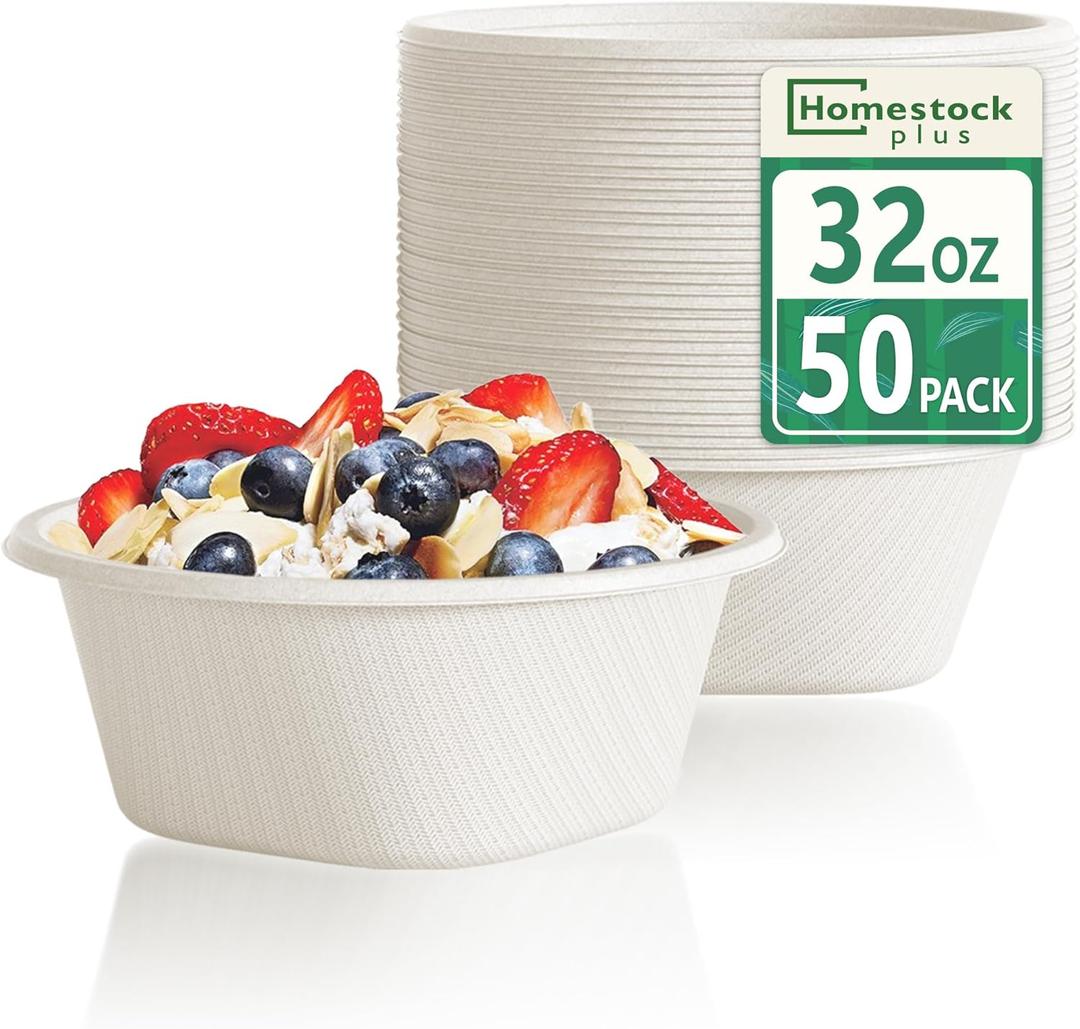 Homestockplus Disposable Soup Bowls 32oz [50 Pack] - Heavy Duty Deep Paper Bowls, Leakproof Compostable Containers for Ramen, Chili & Catering, Microwave Safe Bowls (White)