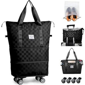 Rolling Duffle Bag with Wheels and Shoe Bag for Travel Expandable Foldable Travel Duffel Bag Carry on Luggage Bag Checkerboard Weekender Bag for Men Women