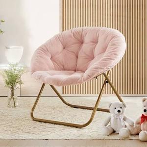 MoNiBloom Round Folding Faux Fur Saucer Chair for Bedroom Living Room Dorm Foldable Metal Frame Oversized Large Comfy Furry Padded Soft Cozy Moon Chair with Footrest Ottoman for Adults (Pink)
