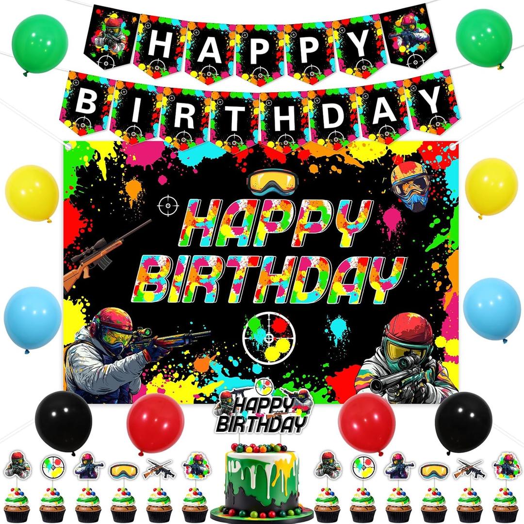 Funmemoir Paintball Birthday Party Decorations, Happy Birthday Banner, Backdrop, Cake Topper, Cupcake Toppers, Balloons for Game Paint Splatter Birthday Party Supplies