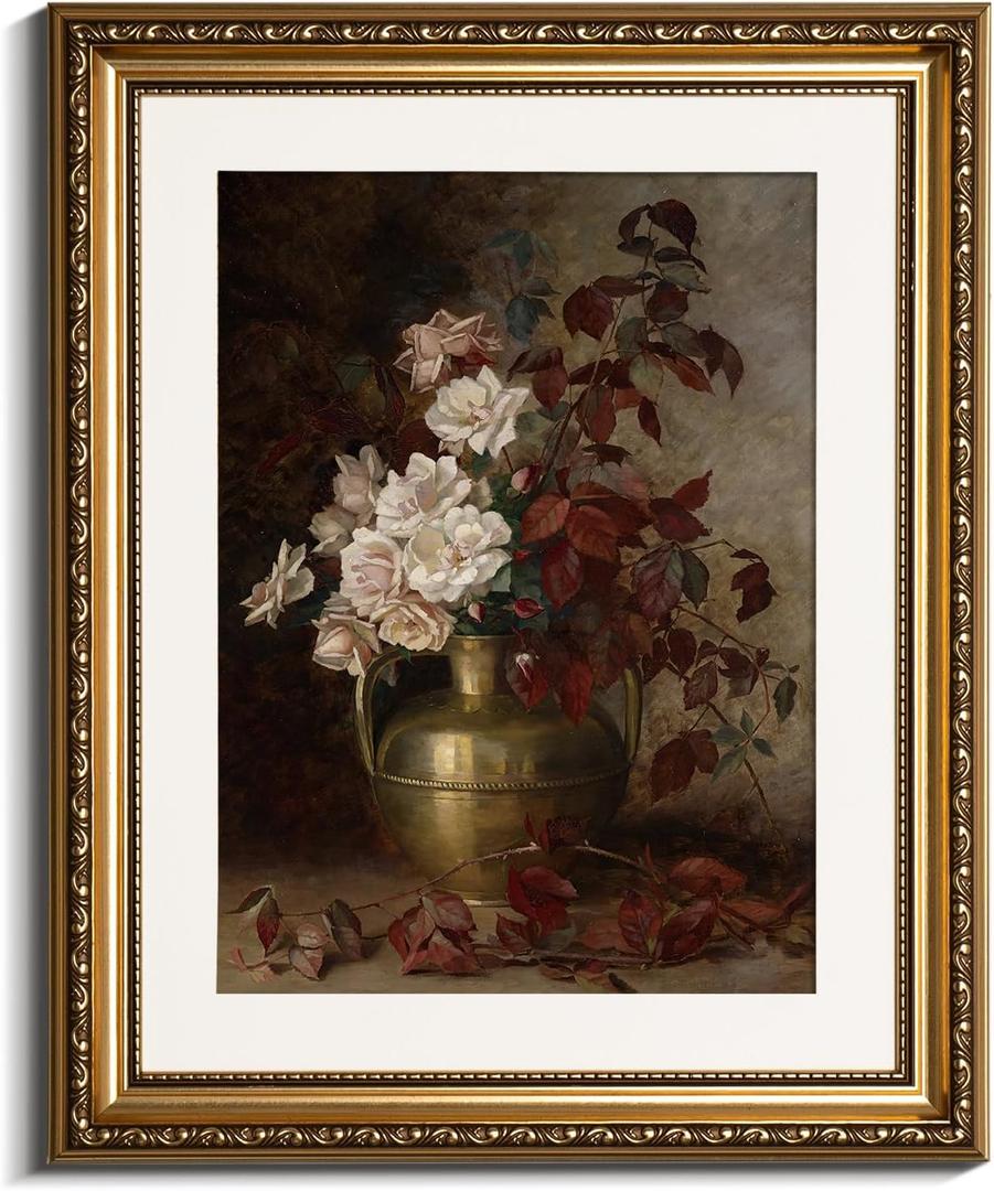 VIYYIEA Gold Framed Floral Wall Art Decor, Living Room Bedroom Rose Bouquet Pictures Retro Wall Decor, Antique Picture Frame Canvas Prints Artwork, Vintage Flower Paintings,13x16 Inch